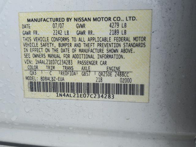 1N4AL21E07C234283 - 2007 NISSAN ALTIMA 2.5 WHITE photo 10