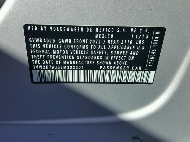 3VW2K7AJ3EM393304 - 2014 VOLKSWAGEN JETTA BASE 银色 照片 10