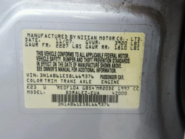 3N1AB61E58L669376 - 2008 NISSAN SENTRA 2.0 SILVER photo 10