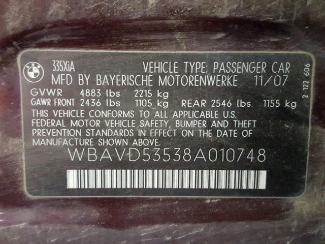 WBAVD53538A010748 - 2008 BMW 335 XI Kasztanowy zdjęcie 10