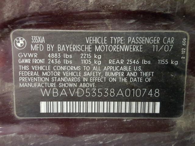 WBAVD53538A010748 - 2008 BMW 335 XI MAROON photo 10