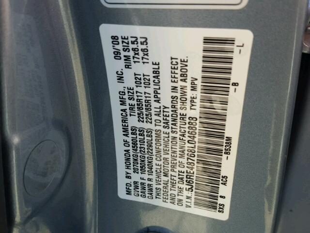 5J6RE48768L046888 - 2008 HONDA CR-V EXL BLUE photo 10