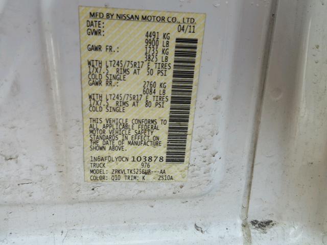 1N6AF0LY0CN103878 - 2012 NISSAN NV 2500 WHITE photo 10