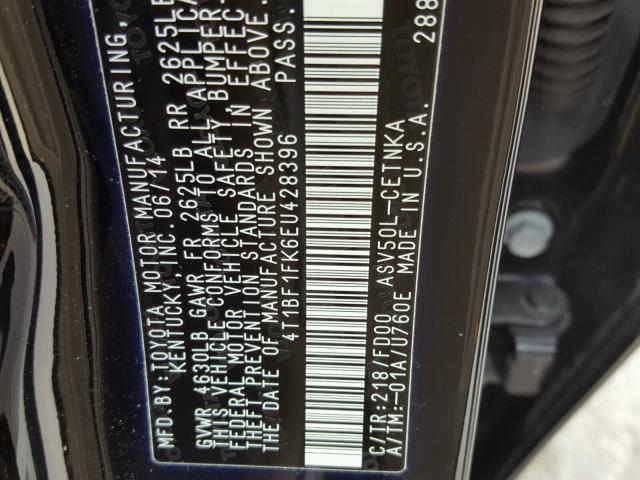 4T1BF1FK6EU428396 - 2014 TOYOTA CAMRY L BLACK photo 10