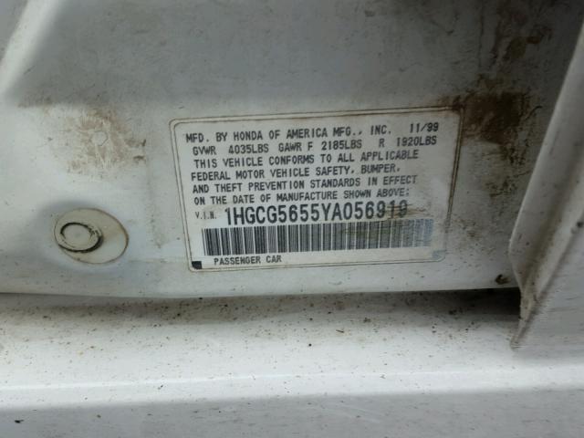 1HGCG5655YA056919 - 2000 HONDA ACCORD EX WHITE photo 10