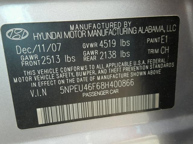 5NPEU46F68H400866 - 2008 HYUNDAI SONATA SE GRAY photo 10