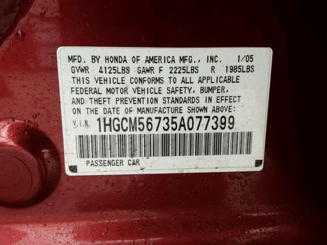 1HGCM56735A077399 - 2005 HONDA ACCORD EX MAROON photo 10