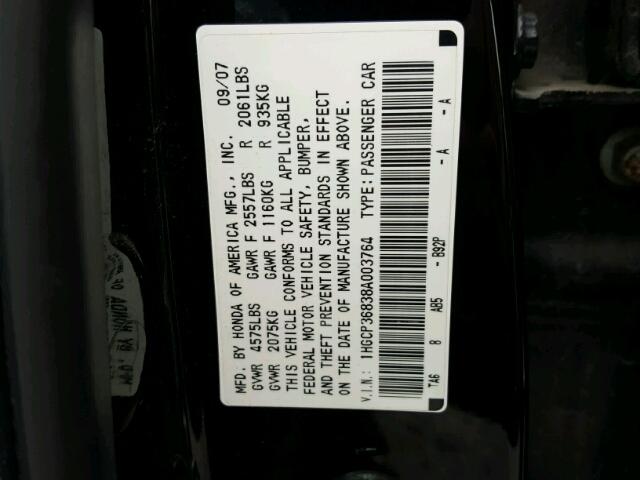 1HGCP36838A003764 - 2008 HONDA ACCORD EXL BLACK photo 10