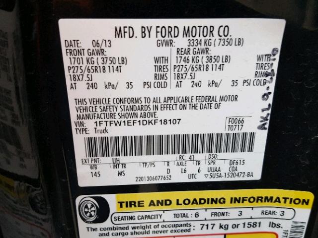 1FTFW1EF1DKF18107 - 2013 FORD F150 SUPER BLACK photo 10