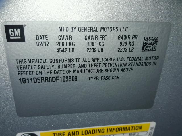 1G11D5RR0DF103308 - 2013 CHEVROLET MALIBU 1LT 银色 照片 10