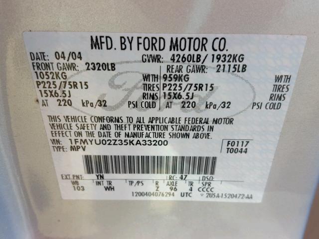 1FMYU02Z35KA33200 - 2005 FORD ESCAPE XLS SILVER photo 10