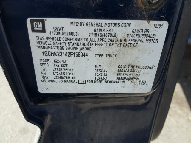 1GCHK23142F156944 - 2002 CHEVROLET SILVERADO BLUE photo 10