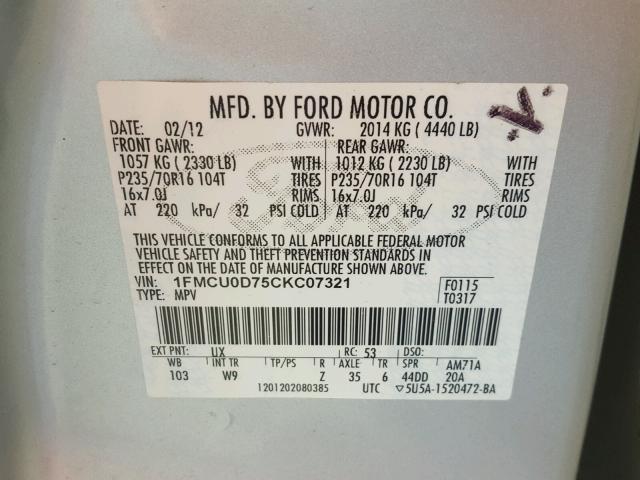 1FMCU0D75CKC07321 - 2012 FORD ESCAPE XLT SILVER photo 10