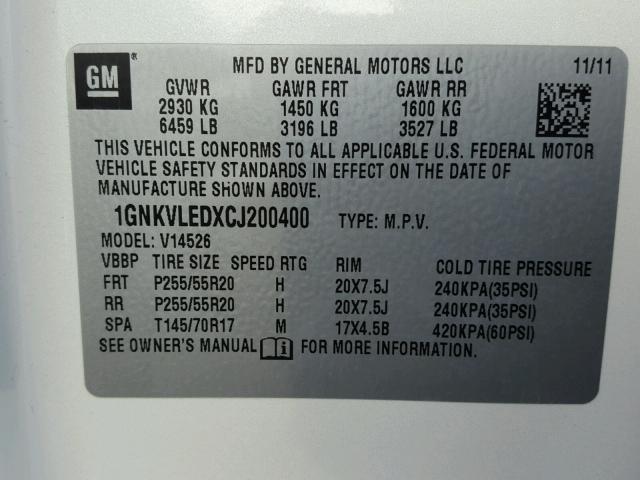 1GNKVLEDXCJ200400 - 2012 CHEVROLET TRAVERSE L WHITE photo 10