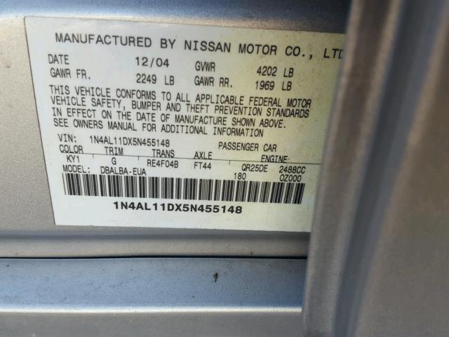 1N4AL11DX5N455148 - 2005 NISSAN ALTIMA S SILVER photo 10