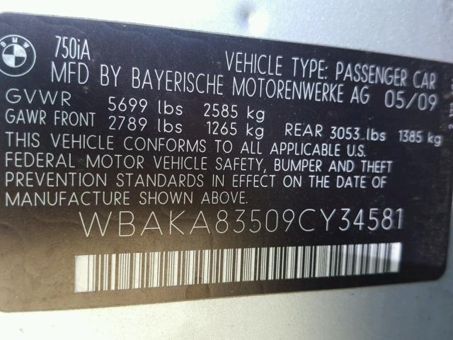 WBAKA83509CY34581 - 2009 BMW 750 I SILVER photo 10