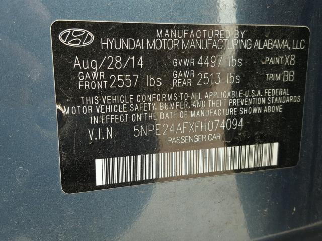 5NPE24AFXFH074094 - 2015 HYUNDAI SONATA SE BLUE photo 10