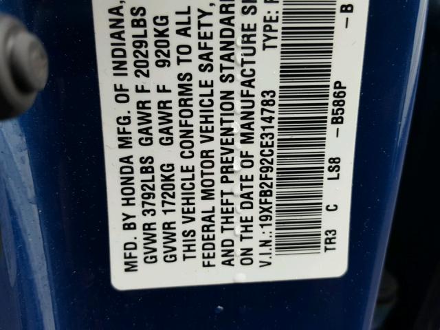 19XFB2F92CE314783 - 2012 HONDA CIVIC EXL BLUE photo 10