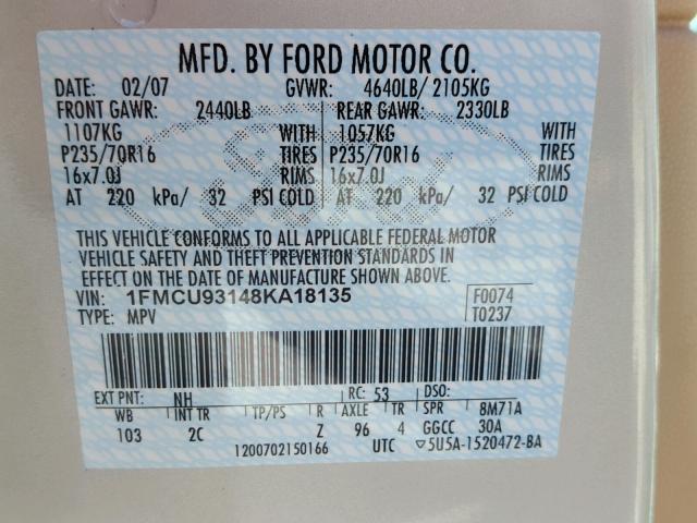 1FMCU93148KA18135 - 2008 FORD ESCAPE XLT WHITE photo 10