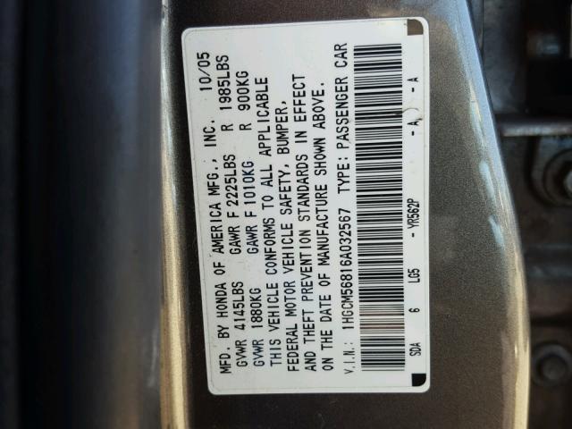 1HGCM56816A032567 - 2006 HONDA ACCORD EX GRAY photo 10