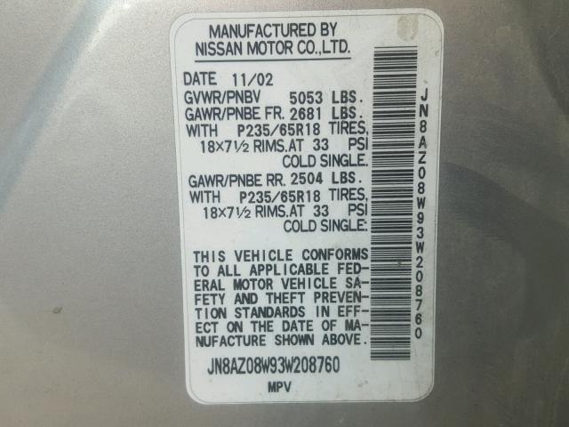 JN8AZ08W93W208760 - 2003 NISSAN MURANO SL SILVER photo 10