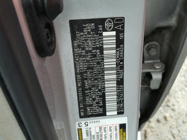 2T1BR32EX7C846712 - 2007 TOYOTA COROLLA CE SILVER photo 10