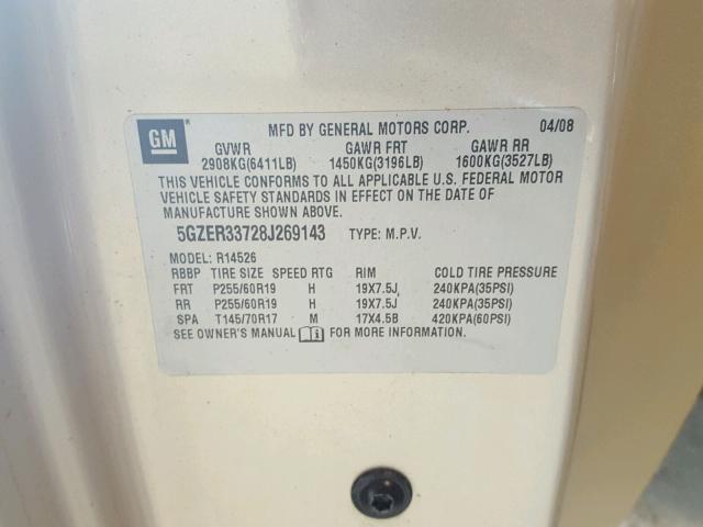 5GZER33728J269143 - 2008 SATURN OUTLOOK XR ოქროსფერი ფოტო 10