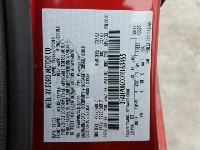 3FAHP08ZX7R163465 - 2007 FORD FUSION SEL RED photo 10