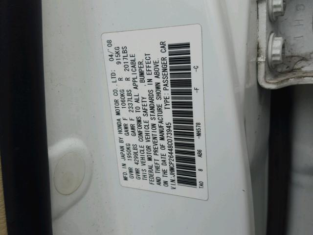 JHMCP26448C073945 - 2008 HONDA ACCORD LXP WHITE photo 10