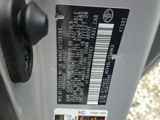 4T1BE46K48U208263 - 2008 TOYOTA CAMRY CE SILVER photo 10