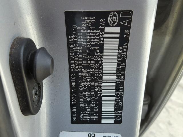 2T1BU4EE5AC405660 - 2010 TOYOTA COROLLA BA SILVER photo 10