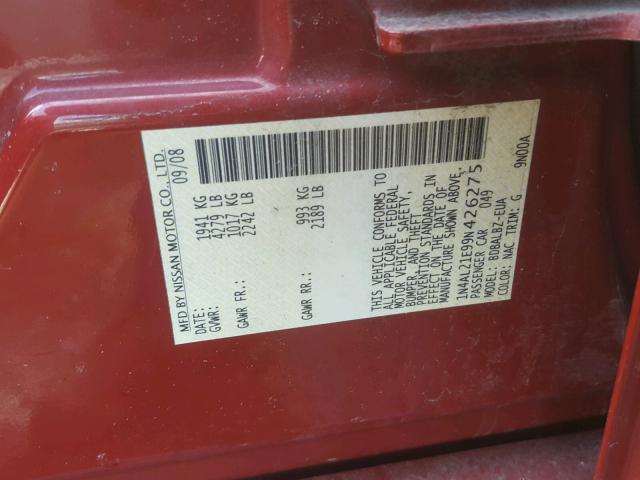 1N4AL21E99N426275 - 2009 NISSAN ALTIMA 2.5 RED photo 10