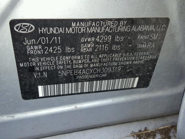 5NPEB4ACXCH309319 - 2012 HYUNDAI SONATA GLS SILVER photo 10