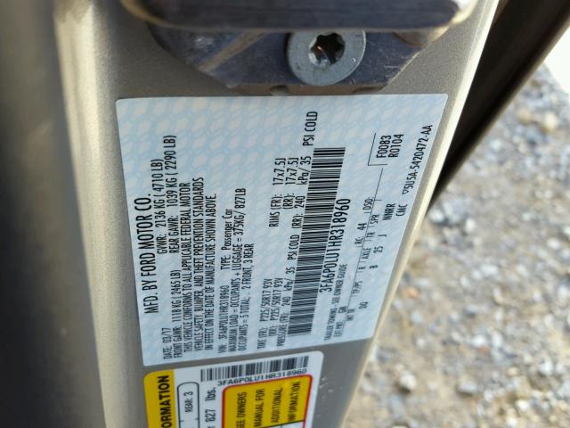 3FA6P0LU1HR318960 - 2017 FORD FUSION SE GOLD photo 10