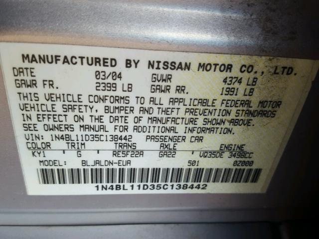 1N4BL11D35C138442 - 2005 NISSAN ALTIMA SE SILVER photo 10