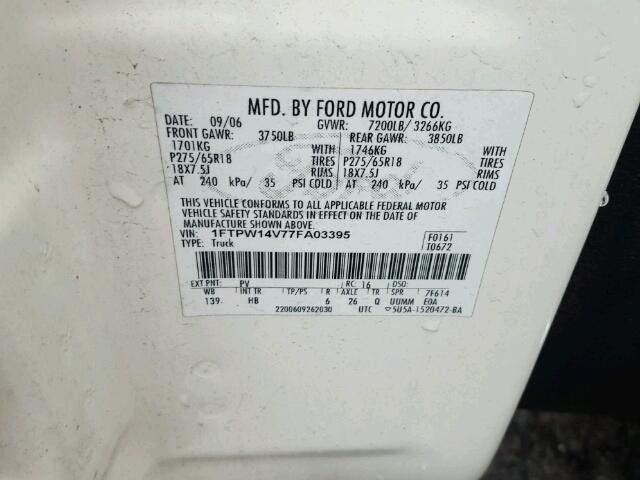 1FTPW14V77FA03395 - 2007 FORD F150 SUPER WHITE photo 10