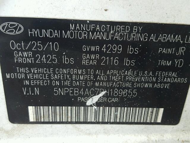 5NPEB4AC7BH189655 - 2011 HYUNDAI SONATA GLS WHITE photo 10