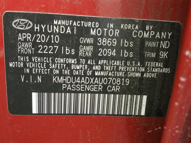 KMHDU4ADXAU070819 - 2010 HYUNDAI ELANTRA BL RED photo 10