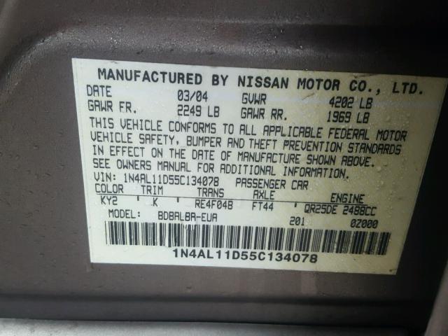 1N4AL11D55C134078 - 2005 NISSAN ALTIMA S BROWN photo 10