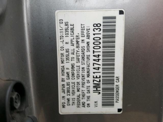 JHMZE14744T000138 - 2004 HONDA INSIGHT SILVER photo 10