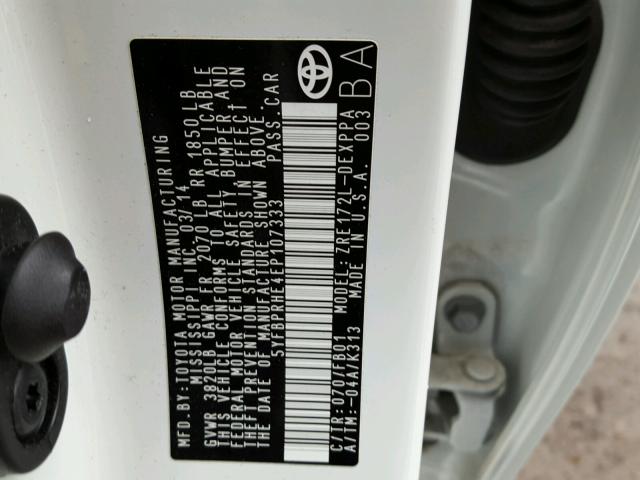 5YFBPRHE4EP107333 - 2014 TOYOTA COROLLA EC 白色 照片 10