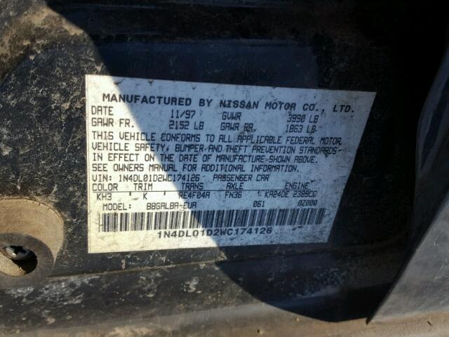 1N4DL01D2WC174126 - 1998 NISSAN ALTIMA XE BLACK photo 10