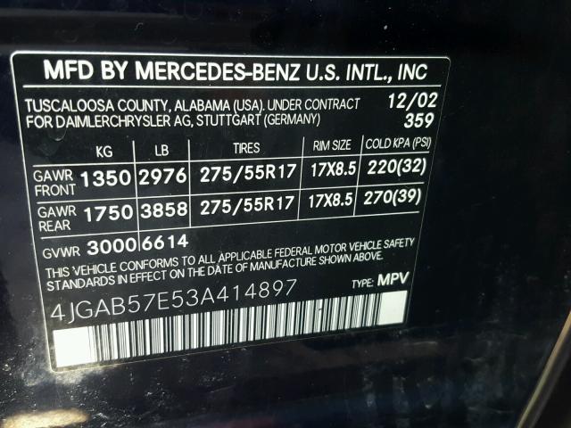 4JGAB57E53A414897 - 2003 MERCEDES-BENZ ML 350 BLUE photo 10