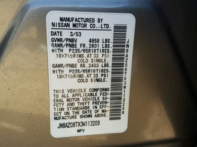 JN8AZ08TX3W113209 - 2003 NISSAN MURANO SL GOLD photo 10