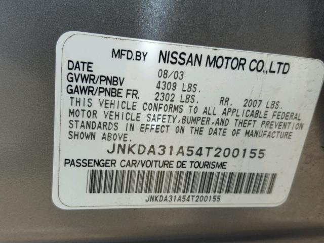 JNKDA31A54T200155 - 2004 INFINITI I35 GRAY photo 10