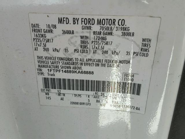 1FTPF14889KA68888 - 2009 FORD F150 WHITE photo 10