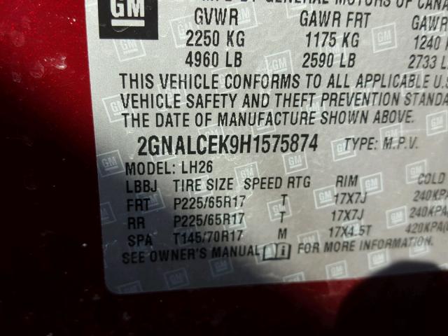 2GNALCEK9H1575874 - 2017 CHEVROLET EQUINOX LT RED photo 10