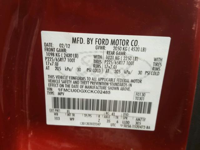 1FMCU0DGXCKC02485 - 2012 FORD ESCAPE XLT RED photo 10