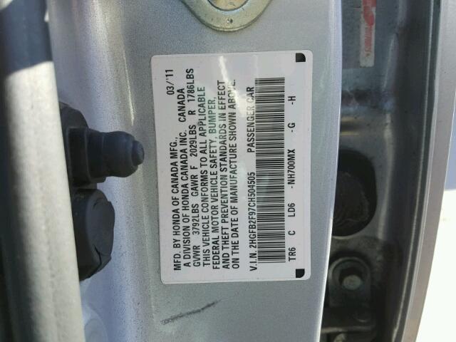 2HGFB2F97CH504505 - 2012 HONDA CIVIC EXL SILVER photo 10