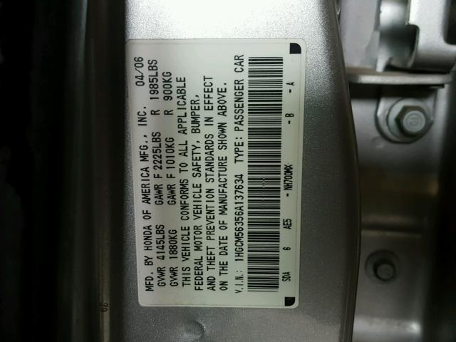 1HGCM56356A137634 - 2006 HONDA ACCORD SE GRAY photo 10